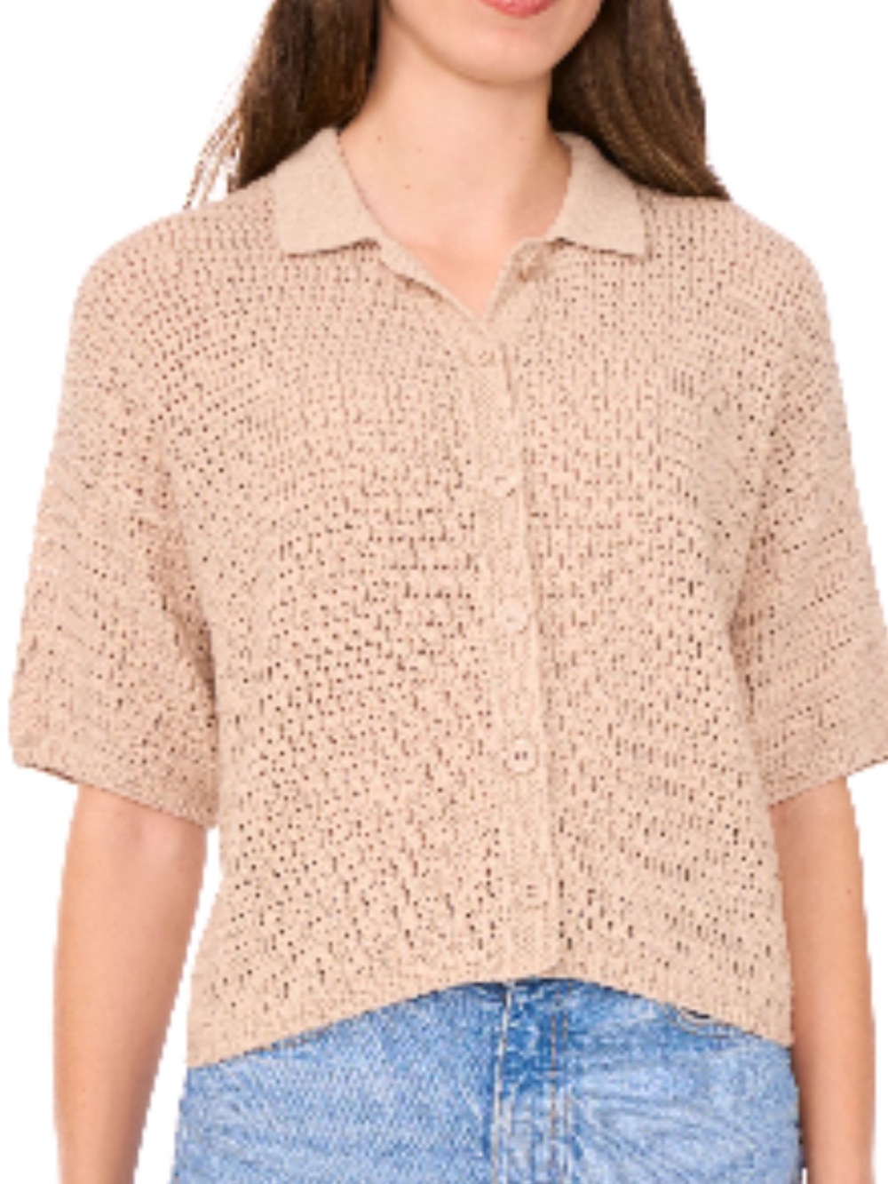 Halogen Beige Open-Knit Button-Down Short Sleeve Cardigan